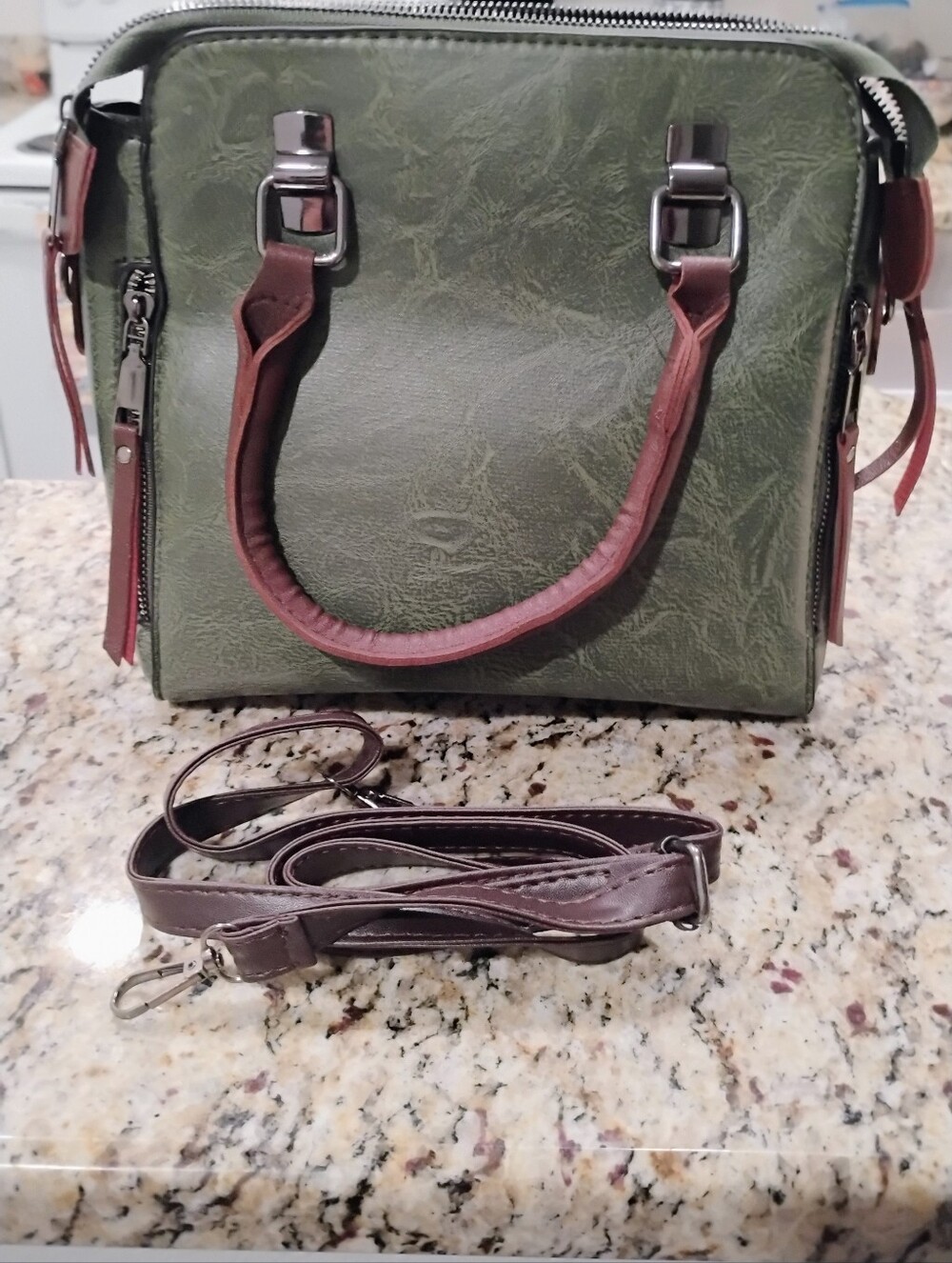 Olive Green Women’s Satchel with Brown Trim and Removable Strap